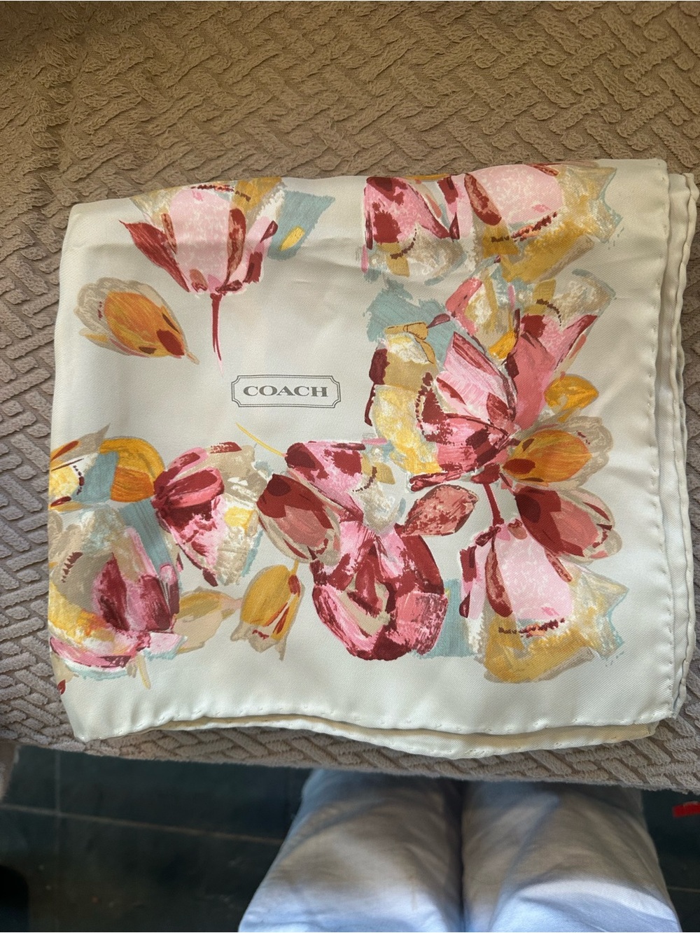 Coach Floral Silk Scarf in Cream, Pink & Yellow